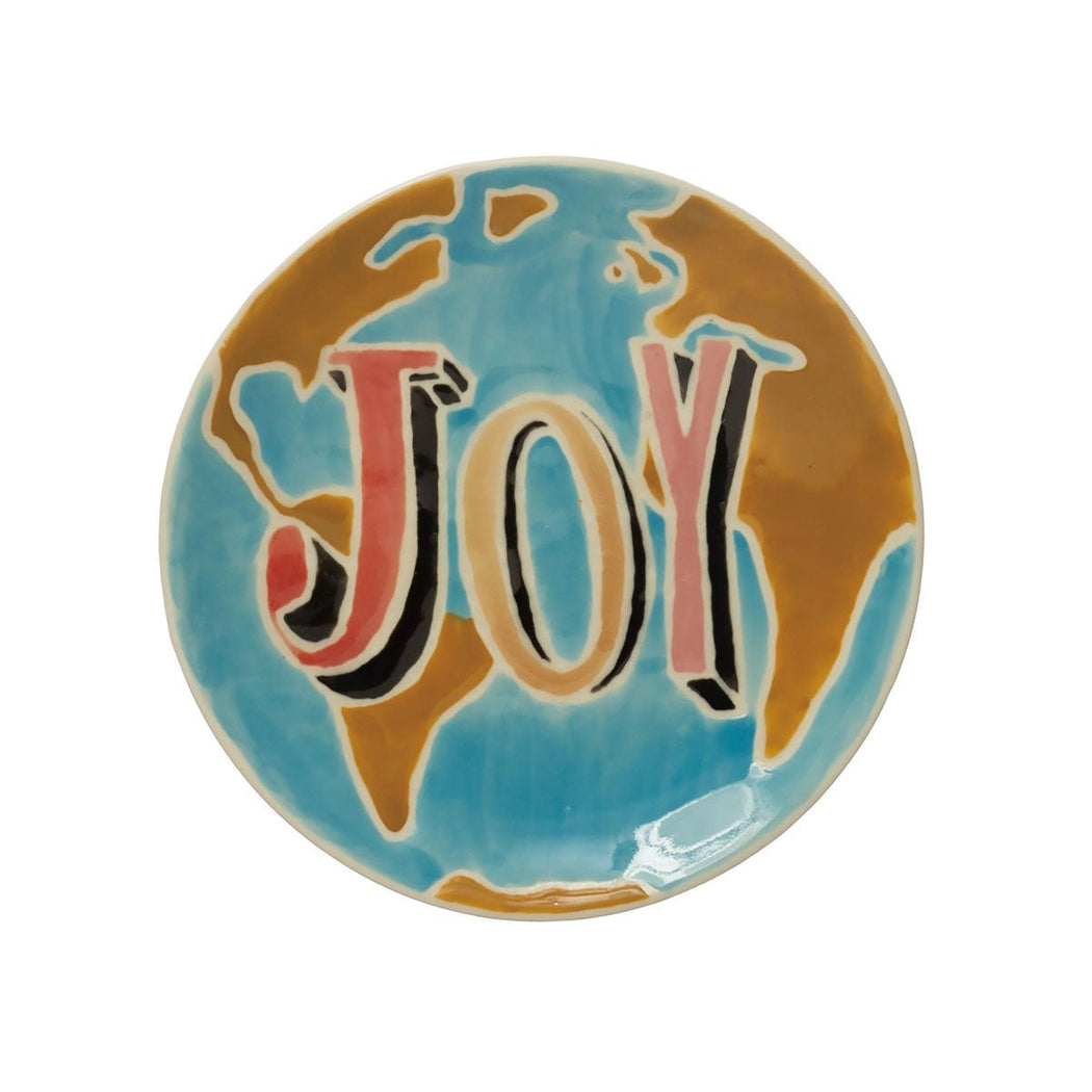 5" Round Hand-Painted Stoneware Plate with Wax Relief Word "Joy", Multi Color - Lockwood Shop - Creative Co-Op