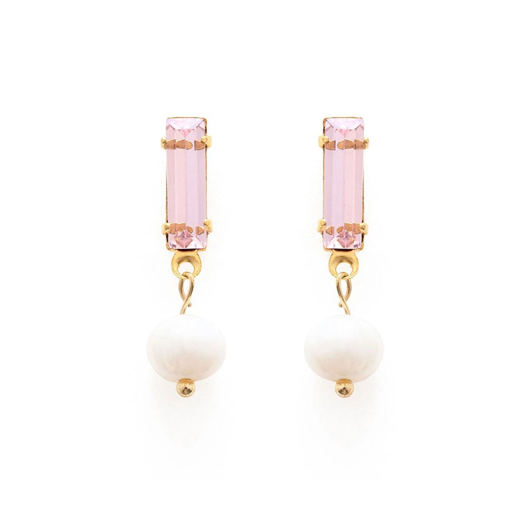 Baguette Crystal with Pearl Stud Earrings - Pink - Lockwood Shop - Amano