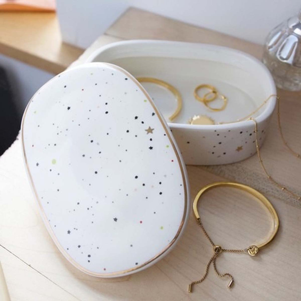 Ceramic Moon And Dots Trinket Box open with gold jewelry inside and on table- Lockwood Shop - Lisa Angela