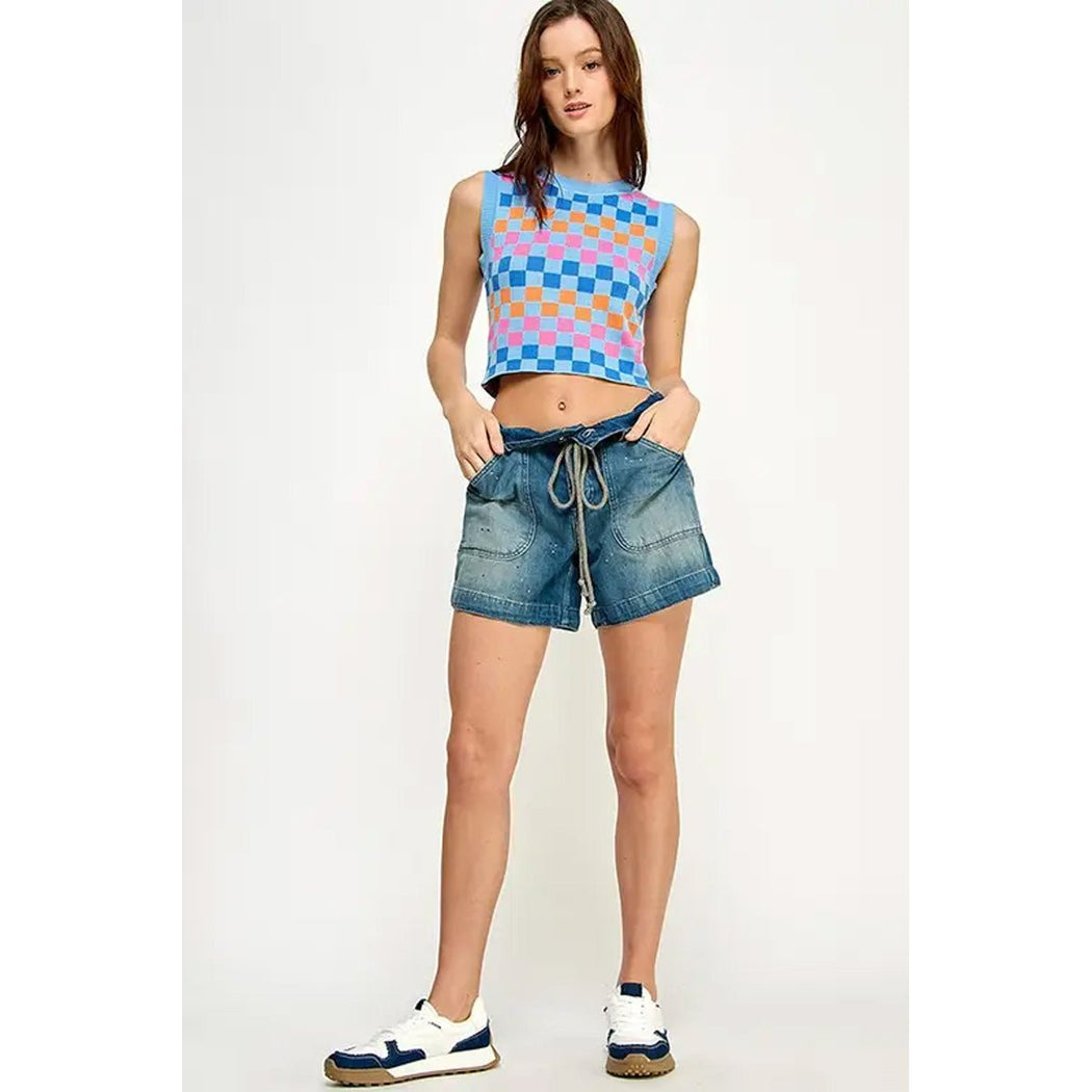 Colorful Checker Cropped Knit Sleeveless Top - Lockwood Shop - Miss Love