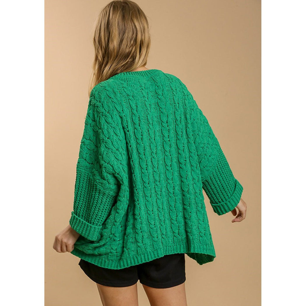 Cuffed Chenille Cable Knit Sweater in Green - Lockwood Shop - Umgee