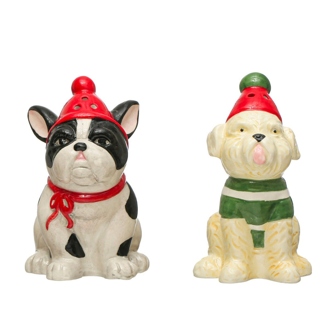 Hand-Painted Ceramic Dog Salt &amp; Pepper Shakers w/ Winter Hats, Set/ 2 - Lockwood Shop - Creative Co-Op