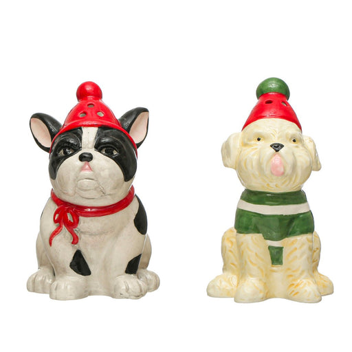 Hand-Painted Ceramic Dog Salt & Pepper Shakers w/ Winter Hats, Set/ 2 - Lockwood Shop - Creative Co-Op
