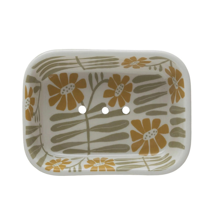 Hand-Stamped Stoneware Soap Dish w/ Flowers - Lockwood Shop - Creative Co-Op