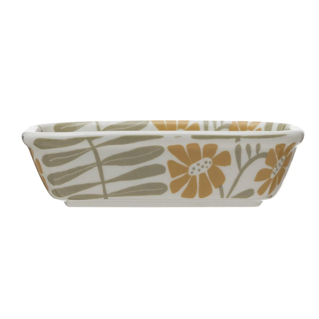 Hand-Stamped Stoneware Soap Dish w/ Flowers - Lockwood Shop - Creative Co-Op