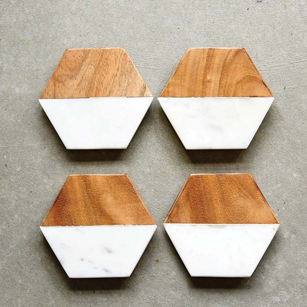 Hexagon Marble and Mango Wood Coasters- Set of 4 - Lockwood Shop - Creative Co-Op