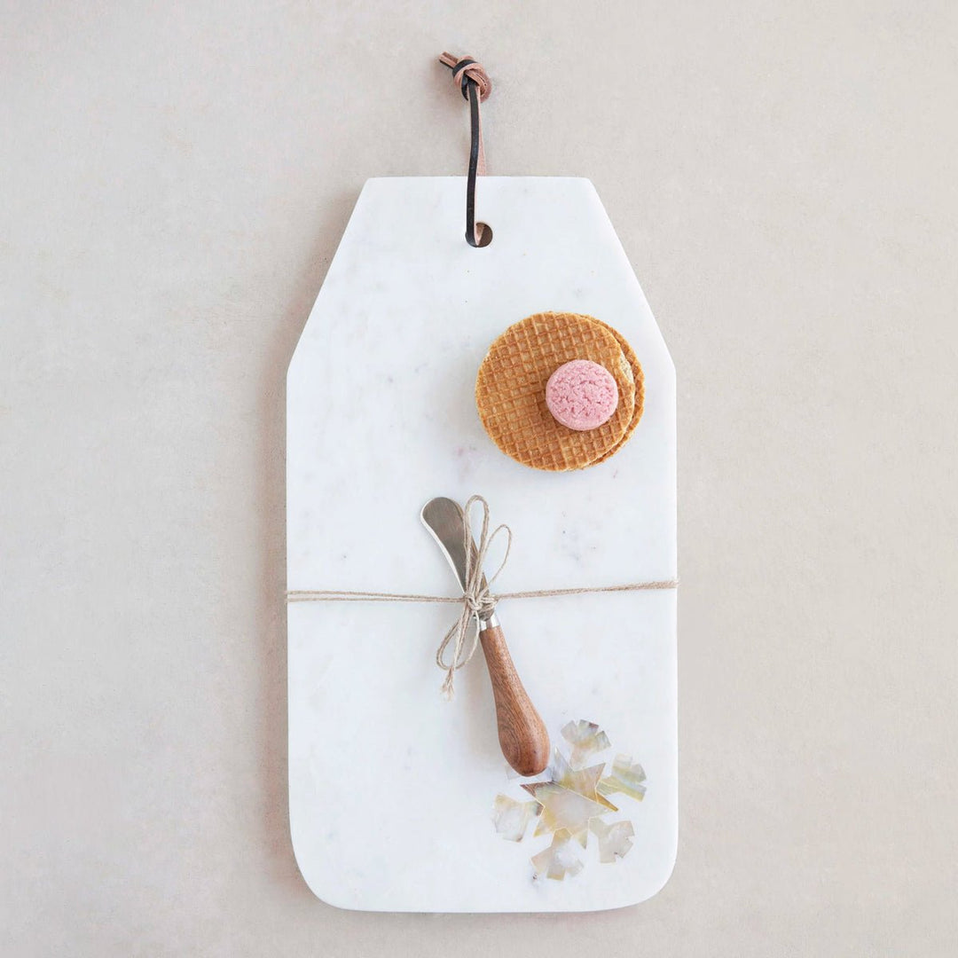 Marble Cheese/Cutting Board w/ Mother of Pearl Snowflake Inlay &amp; Wood Handle Canape Knife - Lockwood Shop - Creative Co-Op