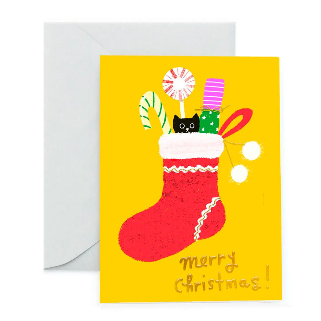 Merry Stocking Cat Greeting Card - Lockwood Shop - Carolyn Suzuki Goods