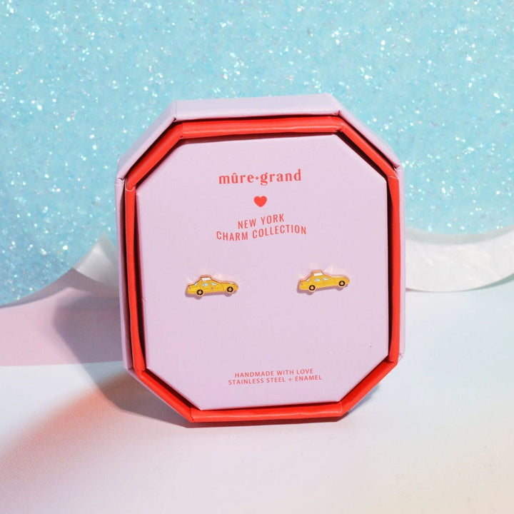 New York Cab Enamel Charm Stud Earrings - Gold - Lockwood Shop - Mure &amp; Grand