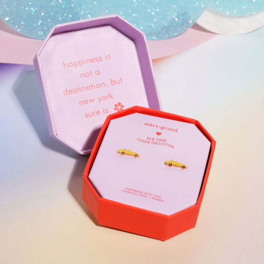 New York Cab Enamel Charm Stud Earrings - Gold - Lockwood Shop - Mure &amp; Grand