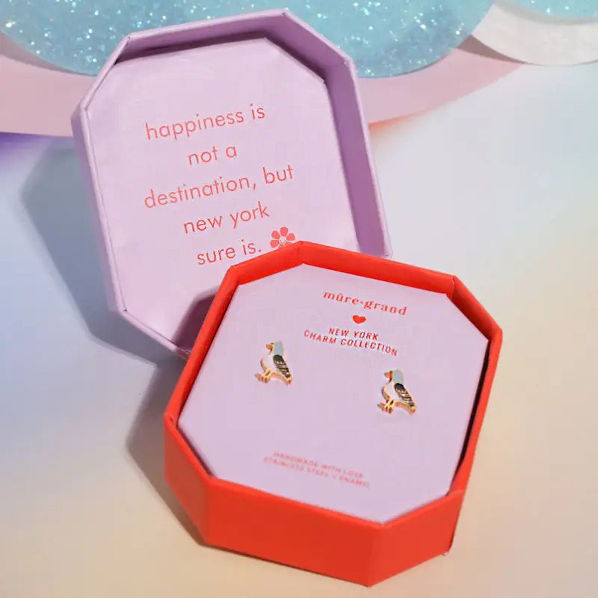 New York Pigeon Enamel Charm Stud Earrings - Gold - Lockwood Shop - Mure & Grand