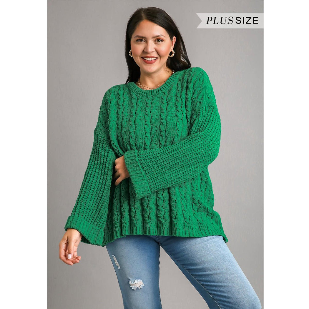 Plus Cuffed Chenille Cable Knit Sweater in Green - Lockwood Shop - Umgee