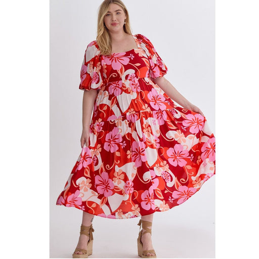 Plus Floral Puff Sleeve Midi Dress in Red Combo - Lockwood Shop - Entro