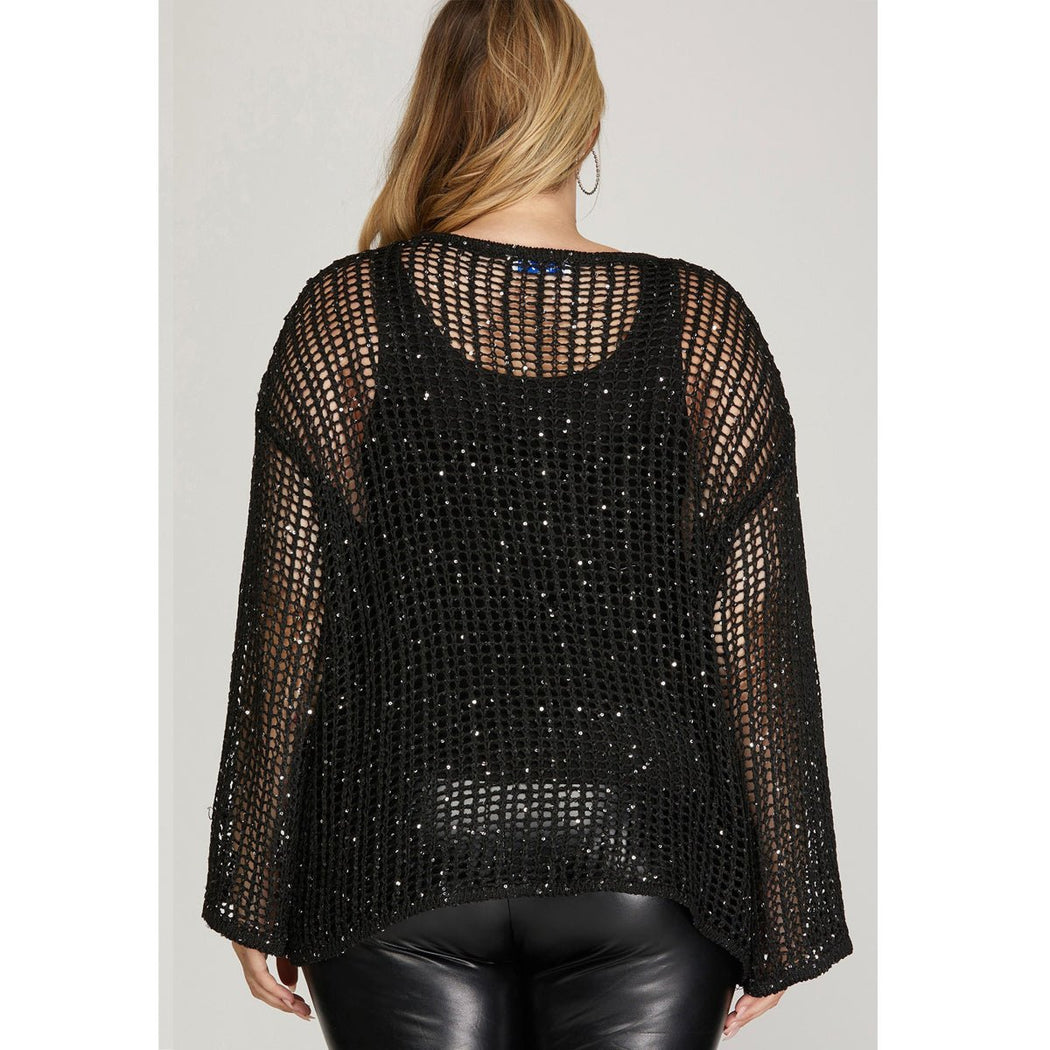 Plus Sequined Fishnet Sweater Top in Black - Lockwood Shop - She & Sky