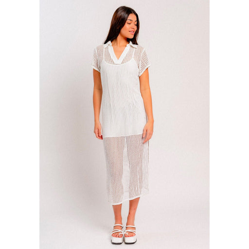 Polo Collar Open Knit Midi Dress in White - Lockwood Shop - Le Lis