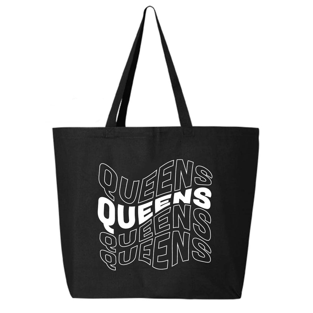 Queens Wavy Repeat Tote Bag - black tote with white ink - Lockwood Shop - MAYB TMRW