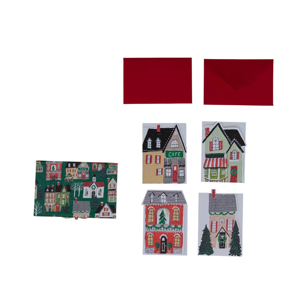Recycled Paper Christmas Cards w/ Houses - Box of 12 Cards - Lockwood Shop - Creative Co-Op