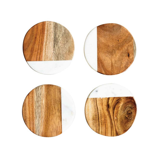 Round Marble and Mango Wood Coasters- Set of 4 - Lockwood Shop - Creative Co-Op