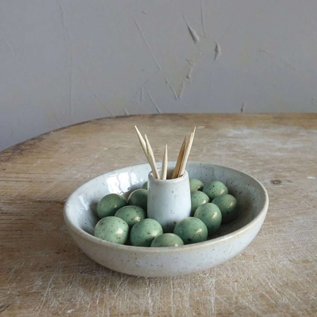 Stoneware Appetizer Plate with Toothpick Well in White - Lockwood Shop - Creative Co-Op