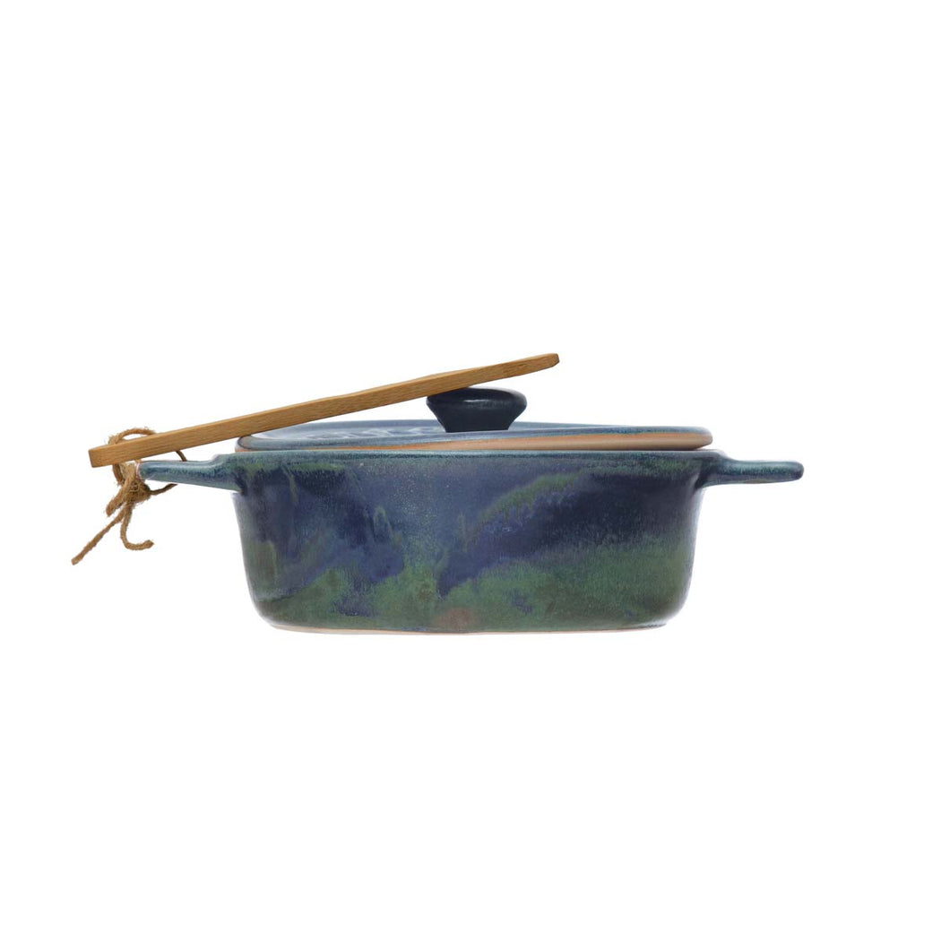 Stoneware Brie Baker with Bamboo Spreader in Blue - Lockwood Shop - Creative Co-Op