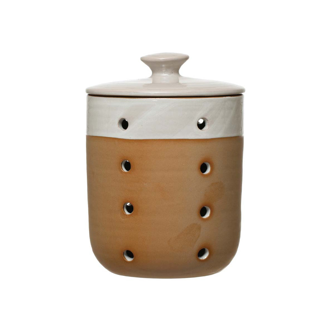 Stoneware Garlic/Onion Keeper, Reactive Glaze, White - Lockwood Shop - Creative Co-Op