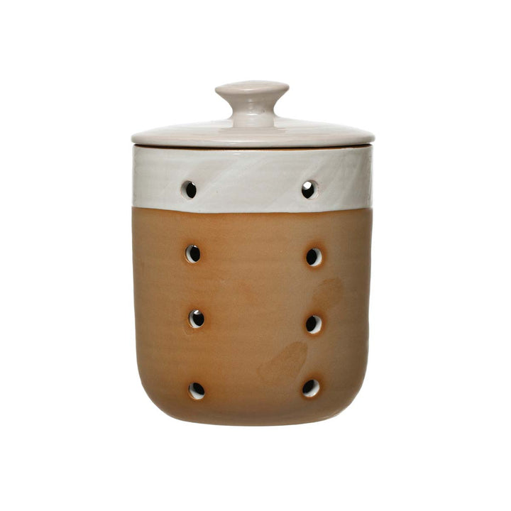 Stoneware Garlic/Onion Keeper, Reactive Glaze, White - Lockwood Shop - Creative Co-Op