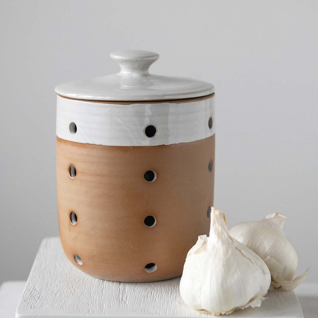 Stoneware Garlic/Onion Keeper, Reactive Glaze, White - Lockwood Shop - Creative Co-Op