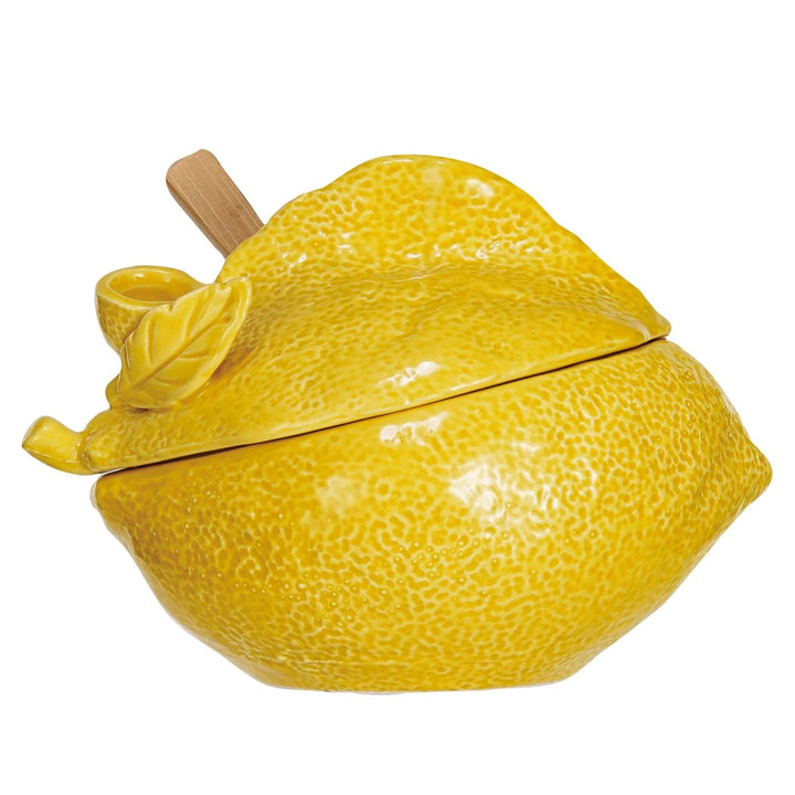 Stoneware Lemon Shaped Sugar Pot w/ Wood Spoon - Lockwood Shop - Creative Co-Op