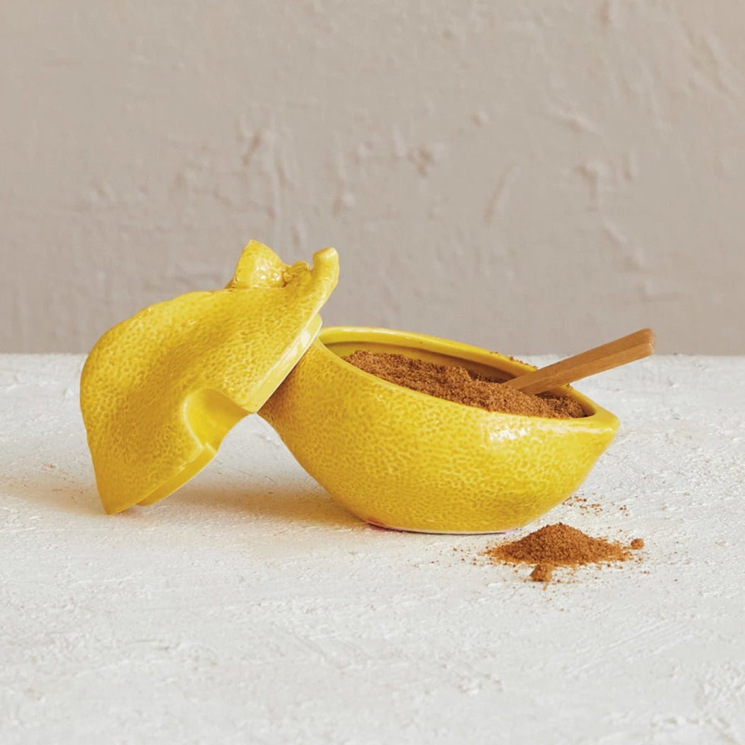 Stoneware Lemon Shaped Sugar Pot w/ Wood Spoon - Lockwood Shop - Creative Co-Op