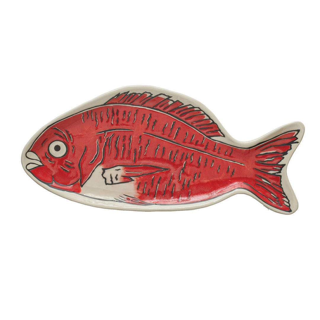 Stoneware Wax Relief Fish Shaped Plate, Red &amp; White - Lockwood Shop - Creative Co-Op