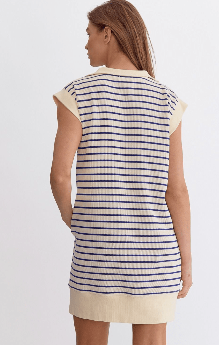 Stripe Half-Zip Shirt Dress in Cream Blue - Lockwood Shop - Entro