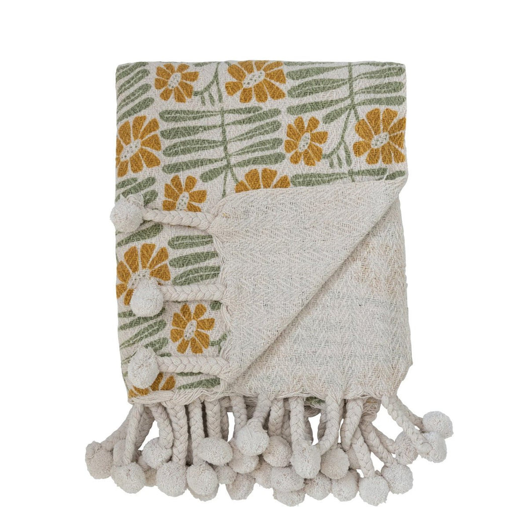 Woven Recycled Cotton Blend Printed Throw w/ Flowers & Braided Pom Pom Tassels - Lockwood Shop - Creative Co-Op