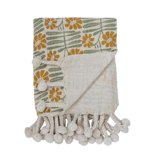 Woven Recycled Cotton Blend Printed Throw w/ Flowers & Braided Pom Pom Tassels - Lockwood Shop - Creative Co-Op
