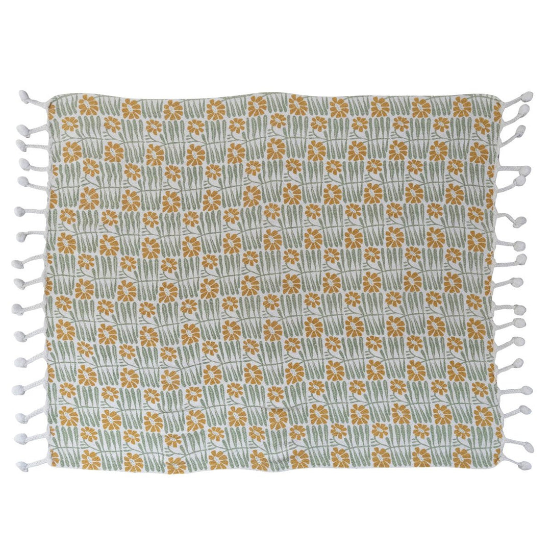 Woven Recycled Cotton Blend Printed Throw w/ Flowers &amp; Braided Pom Pom Tassels - Lockwood Shop - Creative Co-Op
