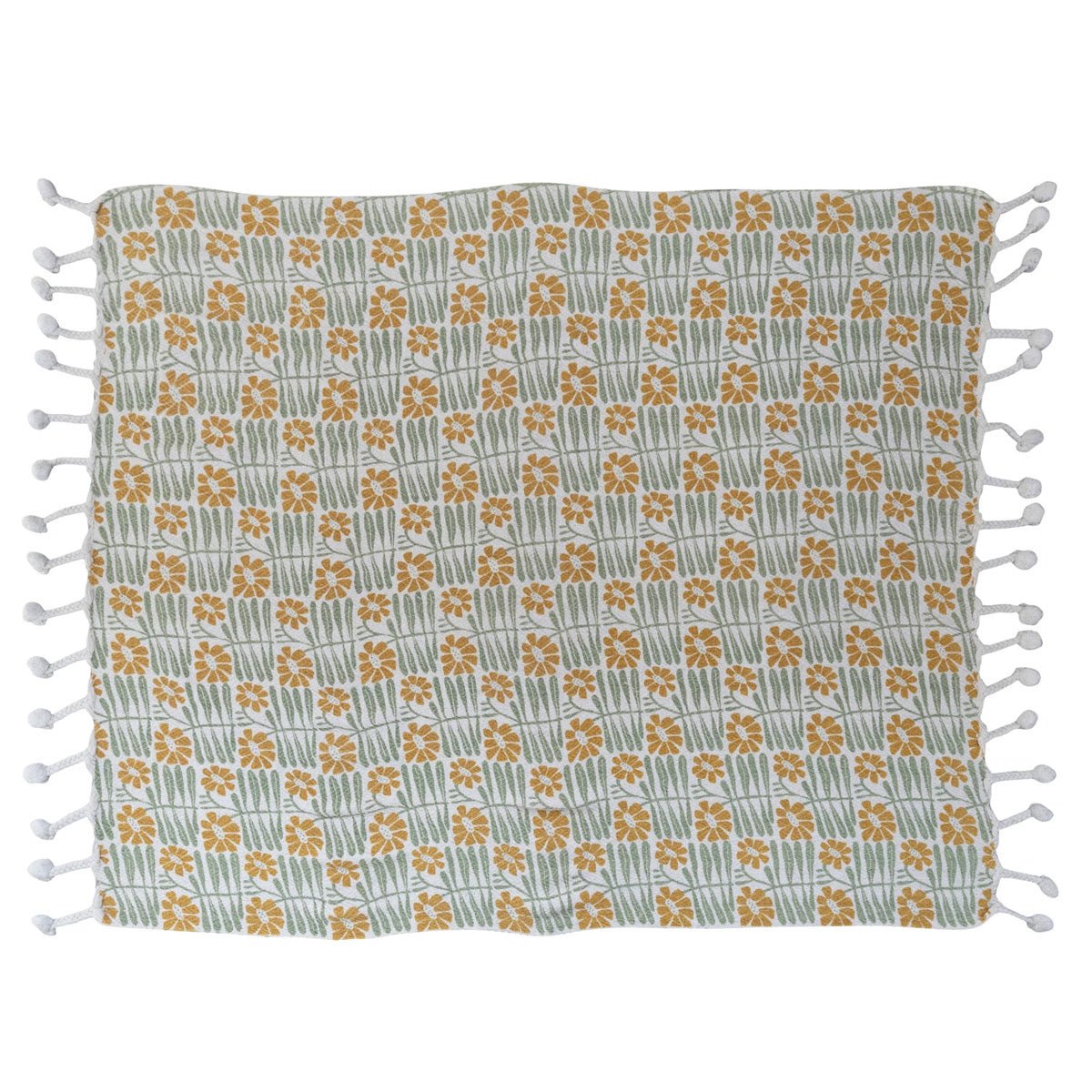 Woven Recycled Cotton Blend Printed Throw w/ Flowers & Braided Pom Pom Tassels - Lockwood Shop - Creative Co-Op