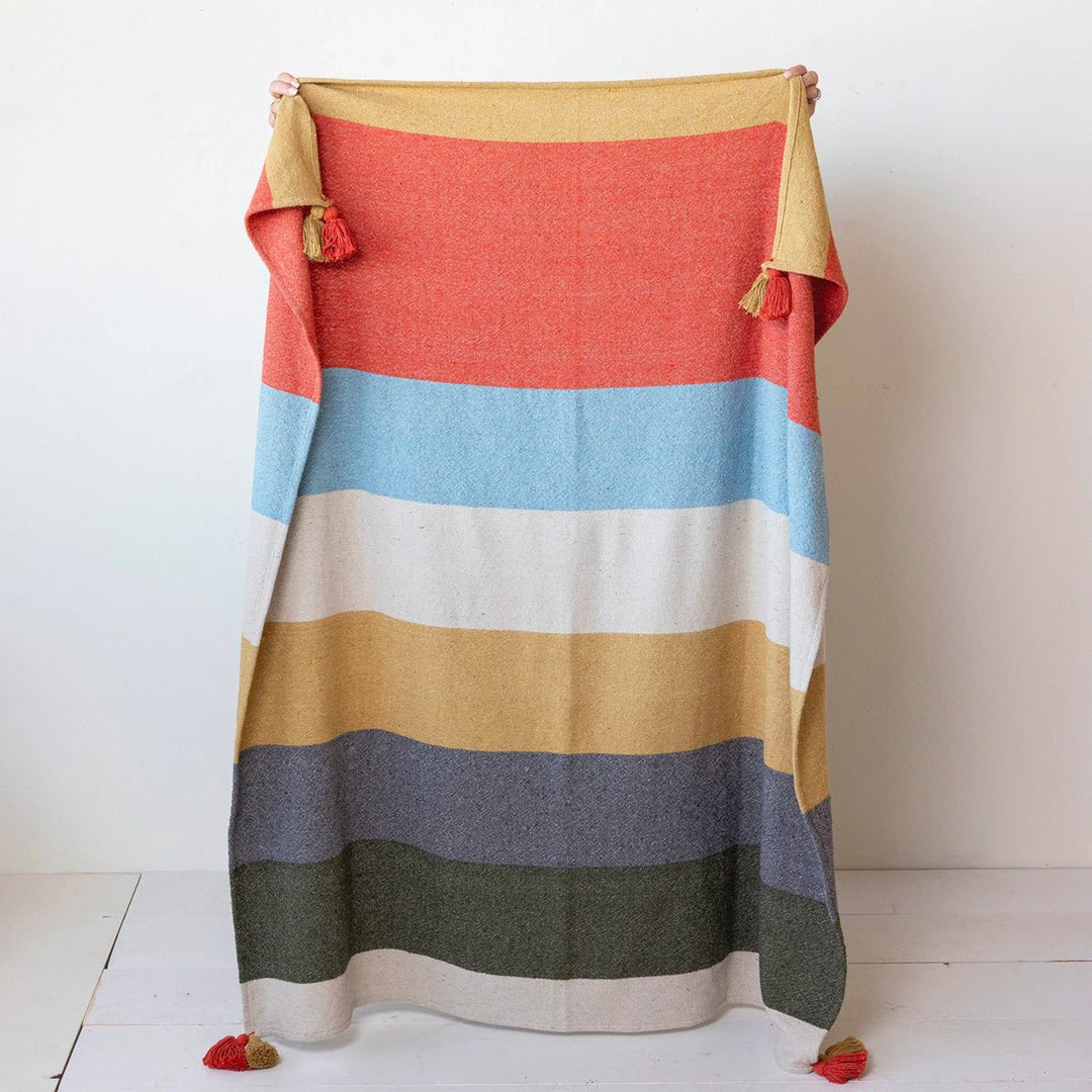 Woven Recycled Cotton Blend Throw w/ Stripes &amp; Tassels - Lockwood Shop - Creative Co-Op